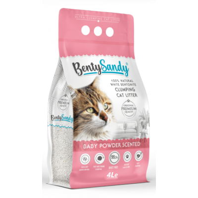 BentySandy Baby Powder - белый комкующийся бентонитовый наполнитель для кошачьего туалета, с ароматом детской присыпки