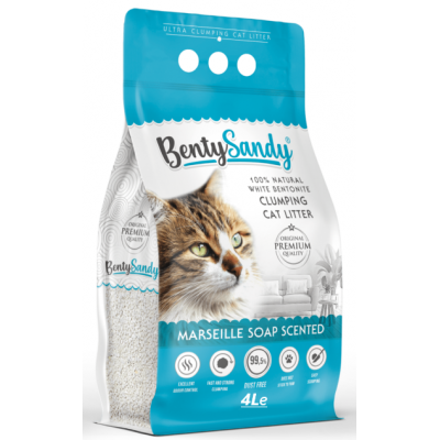 BentySandy Marseille Soap - белый комкующийся бентонитовый наполнитель для кошачьего туалета, с ароматом марсельского мыла