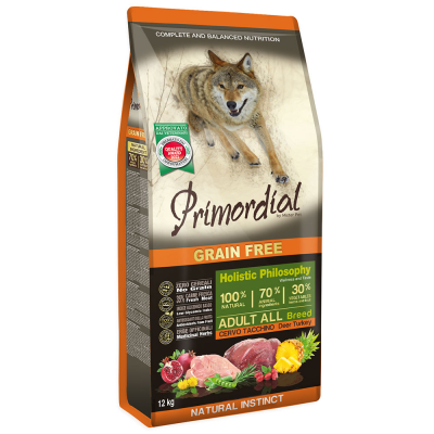 Primordial Dog Adult Grain Free Deer & Turkey - беззерновой сухой корм для взрослых собак, с олениной и свежей индейкой