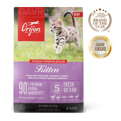 Orijen Kitten 90% - сухой беззерновой корм для котят, со свежим мясом цыпленка и индейки, лососем, сельдью и скумбрией