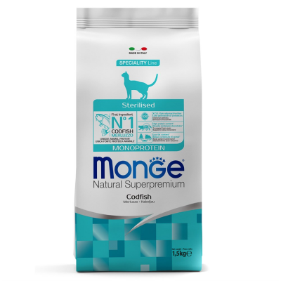 Monge Monoprotein Sterilized Codfish - монопротеиновый сухой корм для взрослых стерилизованных кошек, с треской