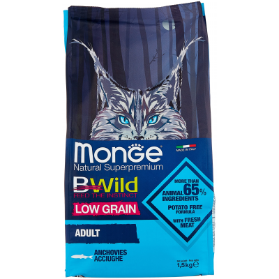 Monge Cat Bwild Anchovies Low Grain - низкозерновой корм для взрослых кошек, с анчоусами