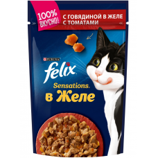 Влажный корм Felix Sensations - кусочки в желе для кошек говядина с томатом, 75 гр.