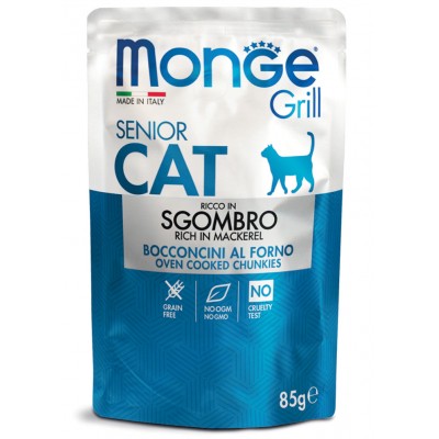 Monge Grill Cat Senior Mackerel - влажный корм для пожилых кошек с кусочками скумбрии в желе, 85 гр.