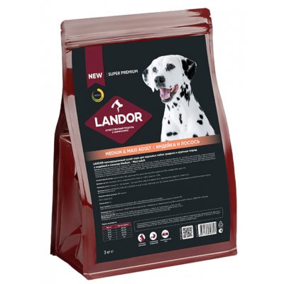 Landor Dog Adult Medium Maxi Turkey Salmon - полнорационный сухой корм для взрослых собак cредних и крупных пород, c индейкой и лососем
