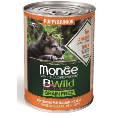 Monge BWild GF Puppy Junior Duck - Консервированный беззерновой корм для щенков с уткой, тыквой и цукини, 400 г