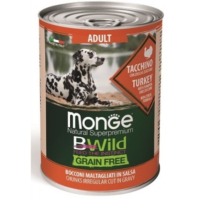 MONGE BWild GF Adult Turkey - Консервированный беззерновой корм для собак с индейкой, тыквой и цукини, 400 г
