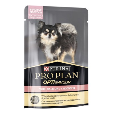Purina Pro Plan - паучи для собак мелких пород с чувствительным пищеварением, кусочки в соусе с лососем, 100 гр.