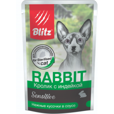 Blitz Sensitive Cat Rabbit - влажный корм для стерилизованных кошек, кролик с индейкой, 85 г