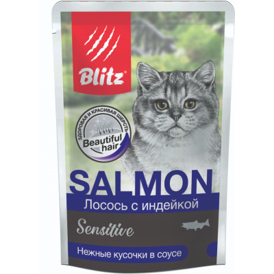 Blitz Sensitive Cat Salmon - влажный корм для взрослых кошек, лосось с индейкой, 85 г