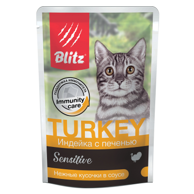 Blitz Sensitive Cat Turkey - влажный корм для взрослых кошек, индейка с печенью, 85 г