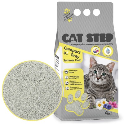 Cat Step Compact Grey Summer Field - серый комкующийся минеральный наполнитель для кошачьих туалетов, с цветочным ароматом