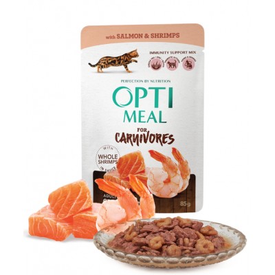 Optimeal Grain Free - паучи для взрослых кошек с лососем и креветками в соусе (12 шт*85 г)