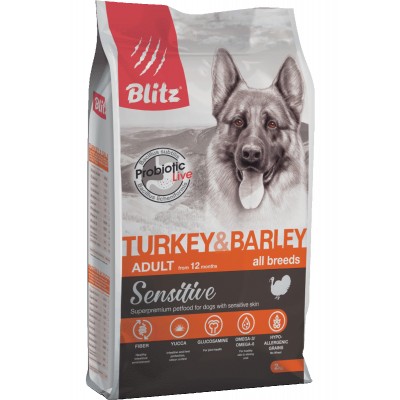 Blitz Sensitive Adult All Breeds Turkey & Barley - сухой корм для взрослых собак, индейка и ячмень