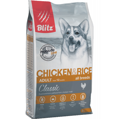 Blitz Classic Adult All Breeds Chicken & Rice - сухой корм для взрослых собак, курица и рис