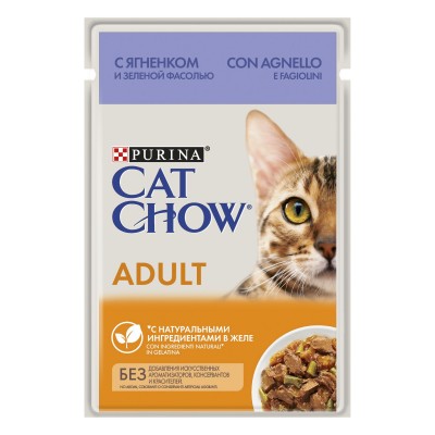 Cat Chow - паучи для взрослых кошек, кусочки в желе с ягненком и зеленой фасолью 85 гр.