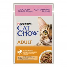 Cat Chow - паучи для взрослых кошек, кусочки в желе с лососем и зеленой фасолью 85 гр.