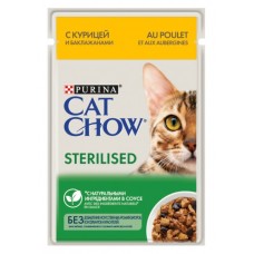 Cat Chow - влажный корм для стерилизованных кошек, кусочки в соусе с курицей и баклажанами 85 гр.