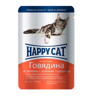 Happy Cat - паучи для взрослых кошек (говядина и печень с зеленым горошком, кусочки в желе), 100г