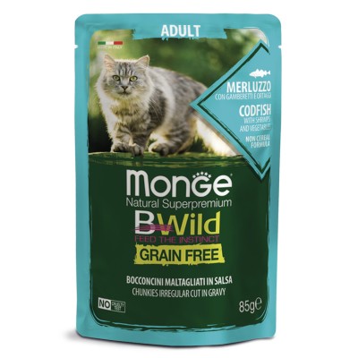 Monge BWild Grain Free - паучи для взрослых кошек, треска, креветки, овощи, 85 гр.