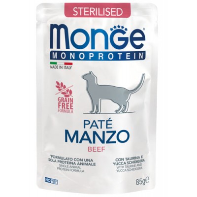 Monge Mono PATE BEEF - монопротеиновый паштет для взрослых стерилизованных кошек, говядина, 85 гр.