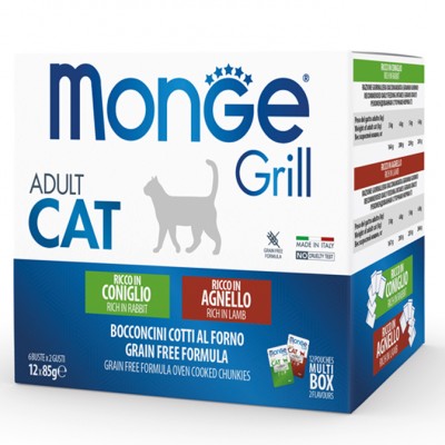 Monge Cat Grill MULTIBOX - набор паучей для взрослых кошек, ягненок, кролик, 12шт*85 гр.