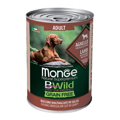 MONGE BWild GF Adult Lamb - Консервированный беззерновой корм из ягненка с тыквой и кабачками для собак всех пород, 400 г