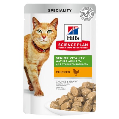 Hill's Science Plan Senior Vitality - влажный корм для пожилых кошек (7+) для поддержания активности и жизненной энергии, пауч с курицей 