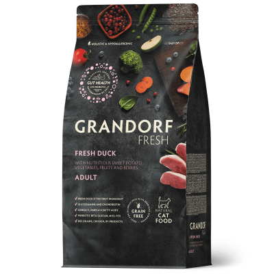 Grandorf Fresh Cat Duck Sweet Potato - беззерновой сухой корм для взрослых кошек, с уткой и бататом