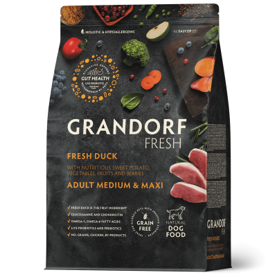 Grandorf Fresh Dog Medium Maxi Duck & Sweet Potato - беззерновой корм для взрослых собак средних и крупных пород, утка с бататом