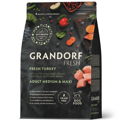 Grandorf Fresh Dog Medium Maxi Turkey & Sweet Potato - беззерновой корм для взрослых собак средних и крупных пород, индейка с бататом