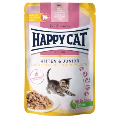 Happy Cat Kitten & Junior LandGeflügel - влажный корм для котят, мясные кусочки в соусе, птица, 85 г