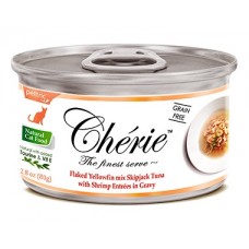 Консервы Cherie in Gravy для кошек - Микс из хлопьев желтоперого тунца и ставриды с креветками в подливе, 80г