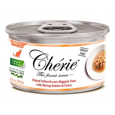 Консервы Cherie in Gravy для кошек - Микс из хлопьев желтоперого тунца и ставриды с креветками в подливе, 80г