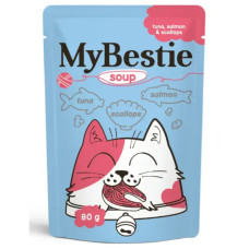 MyBestie Adult Cat Tuna Salmon Scallops - суп с кусочками для кошек, тунец, лосось и гребешки, 80 г