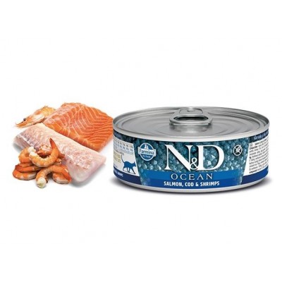 Farmina N&D Grain Free Ocean Salmon, Cod, Shrimp - влажный корм для взрослых кошек (лосось, треска, креветки), 80 г