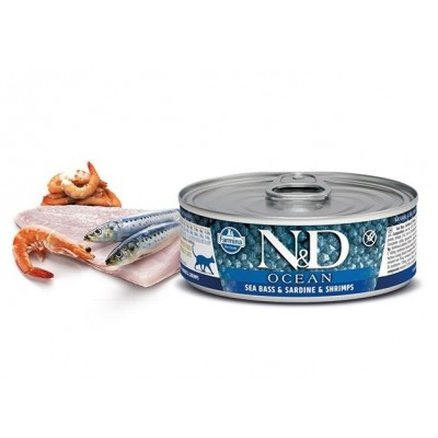 Farmina N&D Grain Free Ocean Sea Bass, Sardine, Shrimp - влажный корм для взрослых кошек (сибас, сардина, креветки), 80 г