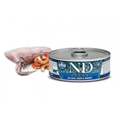 Farmina N&D Grain Free Ocean Sea Bass, Squid, Shrimp - влажный корм для взрослых кошек (сибас, кальмар, креветки), 80 г