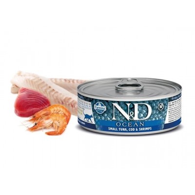 Farmina N&D Grain Free Ocean Tuna, Cod & Shrimp - влажный корм для взрослых кошек (тунец, треска, креветки), 80 г