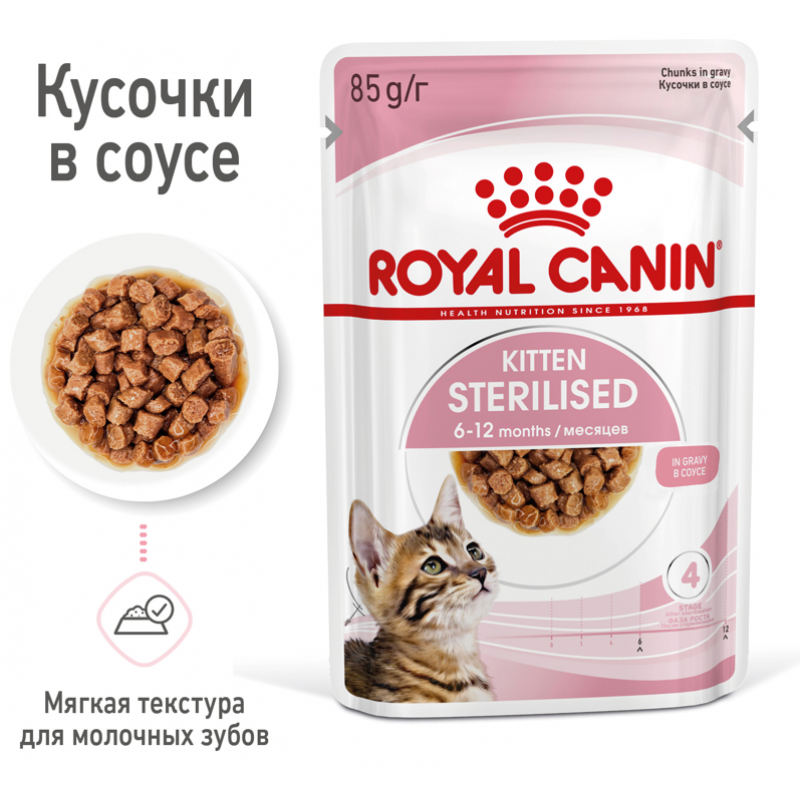 Royal Canin Kitten Sterilised Влажный корм (в соусе) для стерилизованных  котят от 6 до 12 месяцев (85 г.) - купить в Минске Gavrik.by