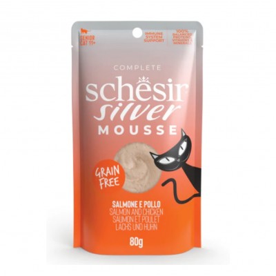 Schesir Silver Mousse Senior Cat - мусс для пожилых кошек старше 11 лет, курица, лосось и тыква, 80г (арт. 133045)