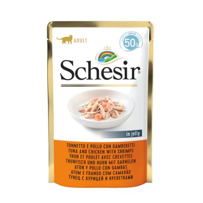 Schesir Cat jelly Tuna Chicken and Shrimps - влажный корм для взрослых кошек, тунец, курица и креветки в желе (арт. 3204)