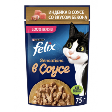 Felix Sensations - паучи для кошек с индейкой в соусе со вкусом бекона, 75 гр.
