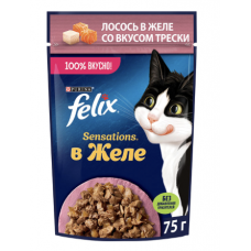 Felix "Sensations" - паучи для кошек кусочки в желе, лосось и треска, 75 гр.