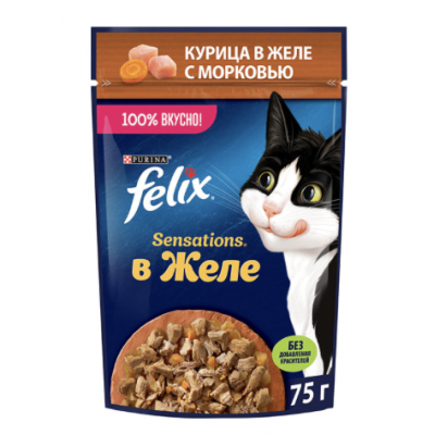Felix "Sensations" - влажный корм кусочки в желе для кошек, курица и морковь (75 гр.)