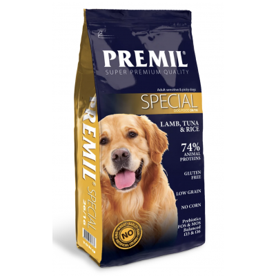 Premil Special Super Premium - сухой гипоаллергенный корм для взрослых собак всех пород, с ягненком и тунцом
