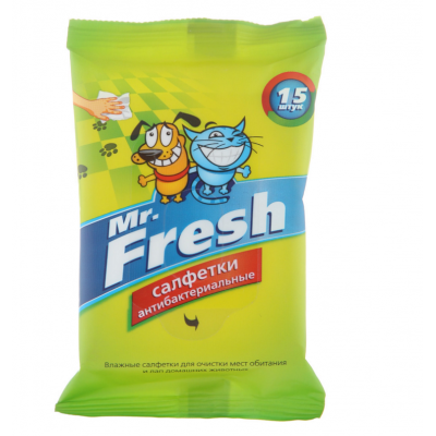 Mr. Fresh Влажные антибактериальные салфетки для собак и кошек, 15 шт