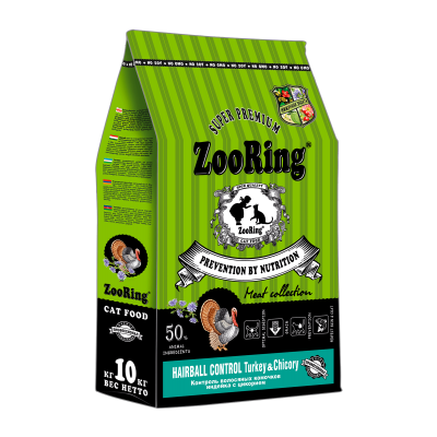 ZooRing Cat Adult Hairball Control - сухой корм для взрослых кошек, для выведения шерстяных комочков, индейка с цикорием (арт. 100274)