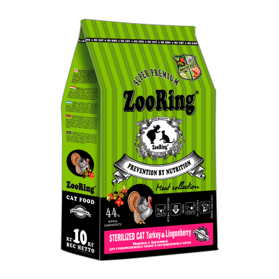 ZooRing Cat Sterilized Turkey&Lingonberry - сухой корм для стерилизованных кошек и кастрированных котов, с индейкой и брусникой (арт. 100243)